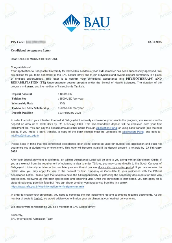 برگه پذیرش دانشجویان آرتان بورس تاپ