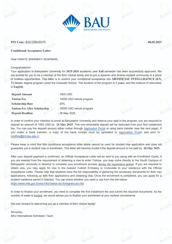 برگه پذیرش دانشجویان آرتان بورس تاپ